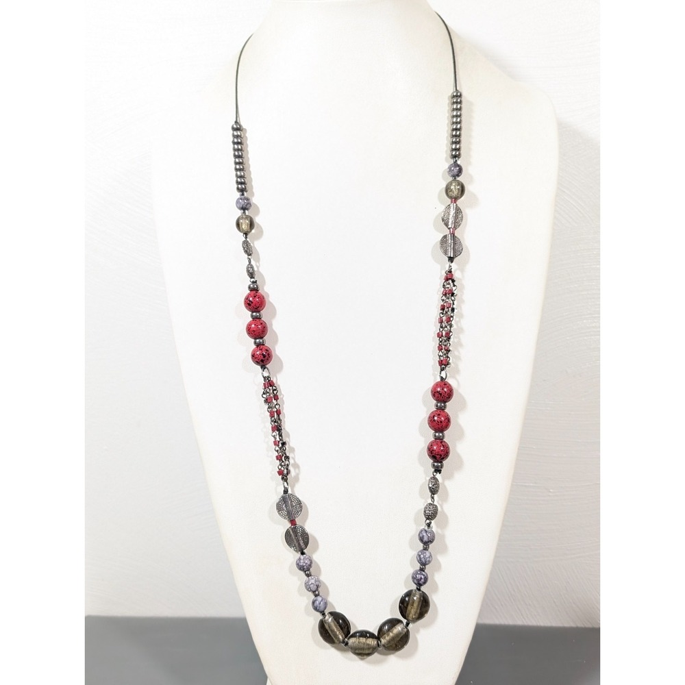 Smokey Gray Glass Bead Red Boho Tribal Long Layering Necklace 34 in
